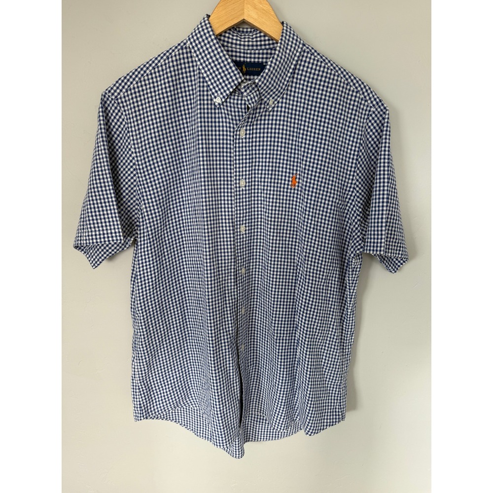 Ralph Lauren Mens Large‎ Blue Seersucker Gingham Short Sleeve Button Down Shirt